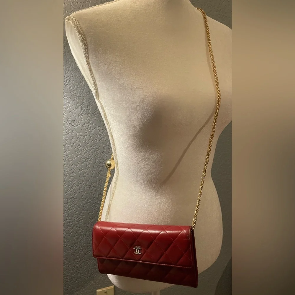 Chanel Red Lambskin Flap Long Wallet On A Unbranded Adjustable Chain With COA - Picture 6 of 14